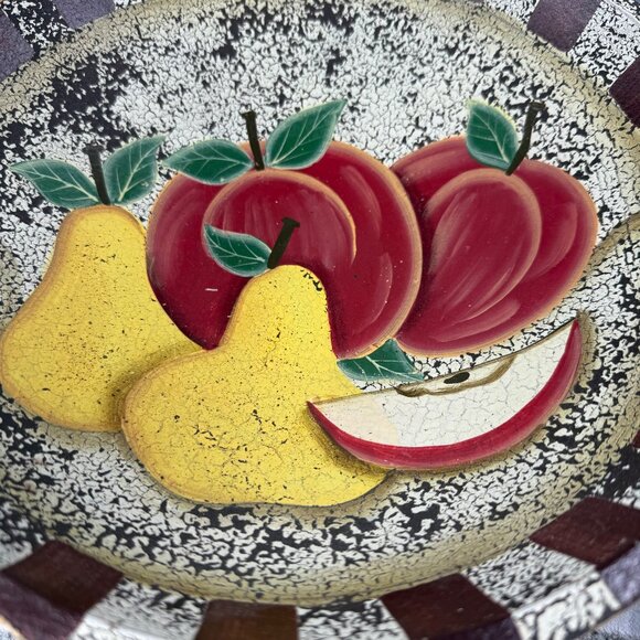 Decorative Wooden Bowl Painted Fruit Apple Pear Design Farmhouse Rustic Decor - Picture 3 of 16